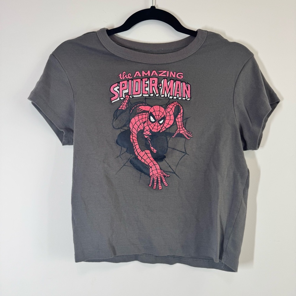 Spider-Man crop top, gray and pink XL